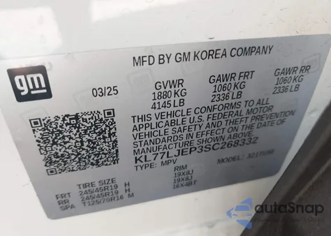 2025 Chevrolet Trax Fwd 2Rs z USA, uszkodzony, nr VIN KL77LJEP3SC268332